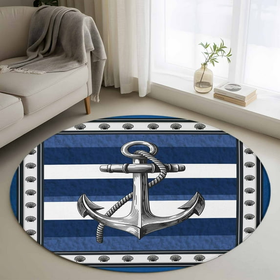 Round Rug 3.3Ft Washable Non-Slip, Navy Blue Anchor Circle Area Rugs for Living Room Bedroom, Nautical Summer Beach Coastal Ocean Indoor Floor Mats Carpet Runner for Home Decor Aesthetic