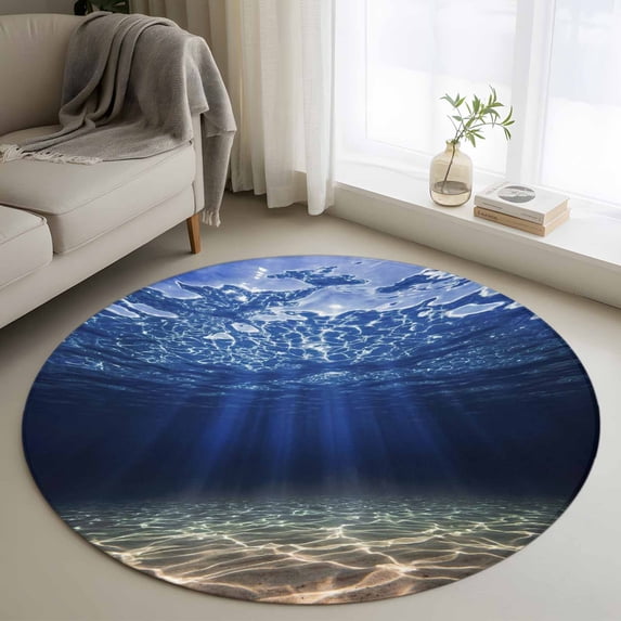 Round Rug 3.3Ft Washable Non-Slip, Navy Blue Ocean Waves Circle Area Rugs for Living Room Bedroom, Summer Beach Coastal Abstract Indoor Floor Mats Carpet Runner for Home Decor Aesthetic