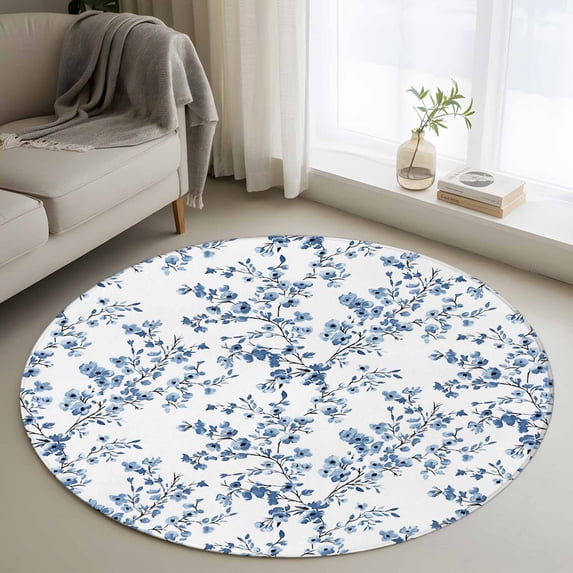 Round Rug 3.3Ft Washable Non-Slip, Navy Blue Spring Floral Circle Area Rugs for Living Room Bedroom, Elegant Pastoral Flowers Indoor Floor Mats Carpet Runner for Home Decor Aesthetic