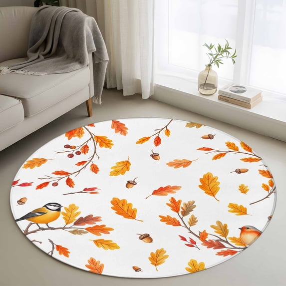Round Rug 3.3Ft Washable Non-Slip, Orange Leaves Fall Circle Area Rugs for Living Room Bedroom, Branches Birds Pine Cones Indoor Floor Mats Carpet Runner for Home Decor Aesthetic