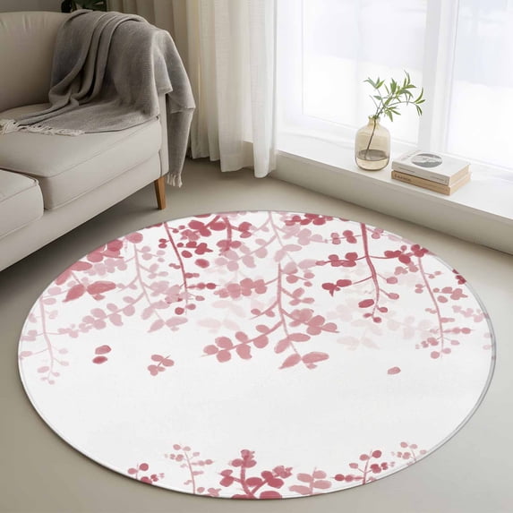 Round Rug 3.3Ft Washable Non-Slip, Pink Leaves Circle Area Rugs for Living Room Bedroom, Summer Botanical Indoor Floor Mats Carpet Runner for Home Decor Aesthetic