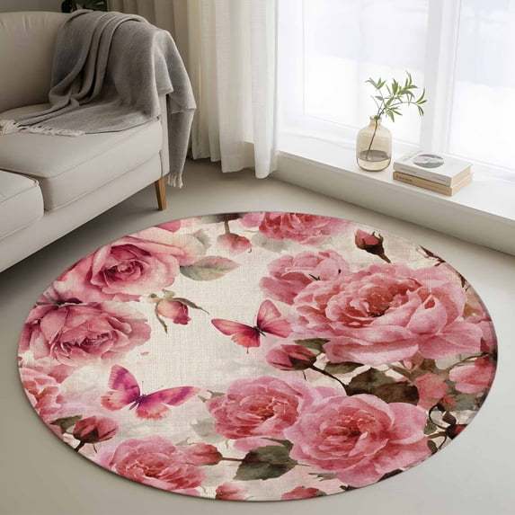 Round Rug 3.3Ft Washable Non-Slip, Pink Roses Circle Area Rugs for Living Room Bedroom, Spring Floral Elegant Pastoral Butterfly Retro Indoor Floor Mats Carpet Runner for Home Decor Aesthetic