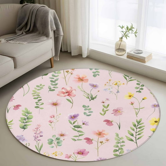 Round Rug 3.3Ft Washable Non-Slip, Pink Spring Floral Circle Area Rugs for Living Room Bedroom, Flowers Botanical Elegant Pastoral Indoor Floor Mats Carpet Runner for Home Decor Aesthetic