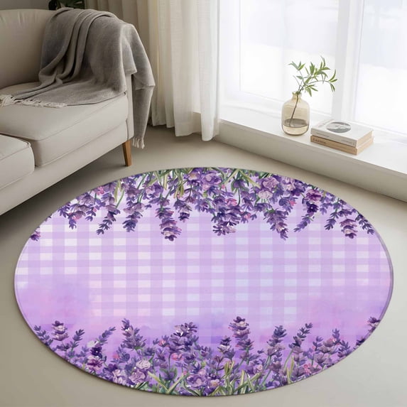 Round Rug 3.3Ft Washable Non-Slip, Purple Lavender Circle Area Rugs for Living Room Bedroom, Spring Watercolor Wildflowers Plant Plaid Indoor Floor Mats Carpet Runner for Home Decor Aesthetic
