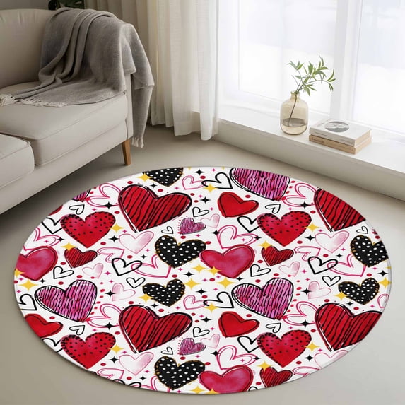 Round Rug 3.3Ft Washable Non-Slip, Romantic Love Circle Area Rugs for Living Room Bedroom, Valentine's Day Cartoon Stars Heart Pink Red Indoor Floor Mats Carpet Runner for Home Decor Aesthetic