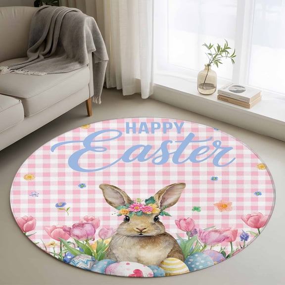 Round Rug 3.3Ft Washable Non-Slip, Spring Easter Bunny Circle Area Rugs for Living Room Bedroom, Pink Plaid Tulip Botanical Eggs Indoor Floor Mats Carpet Runner for Home Decor Aesthetic