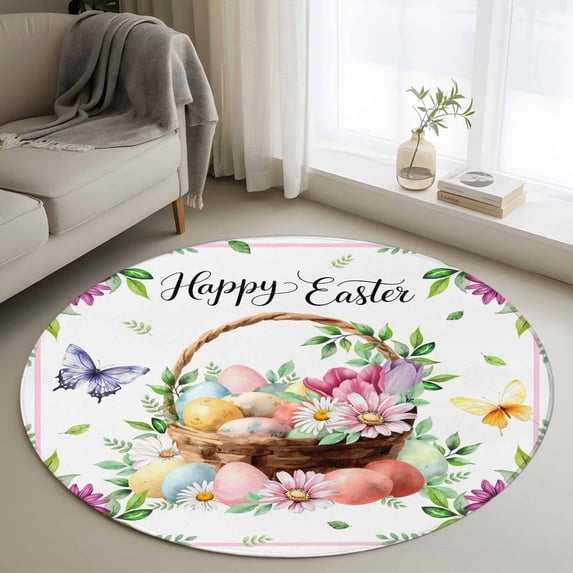 Round Rug 3.3Ft Washable Non-Slip, Spring Easter Circle Area Rugs for Living Room Bedroom, Colorful Eggs Daisy Flowers Basket Butterfly Indoor Floor Mats Carpet Runner for Home Decor Aesthetic