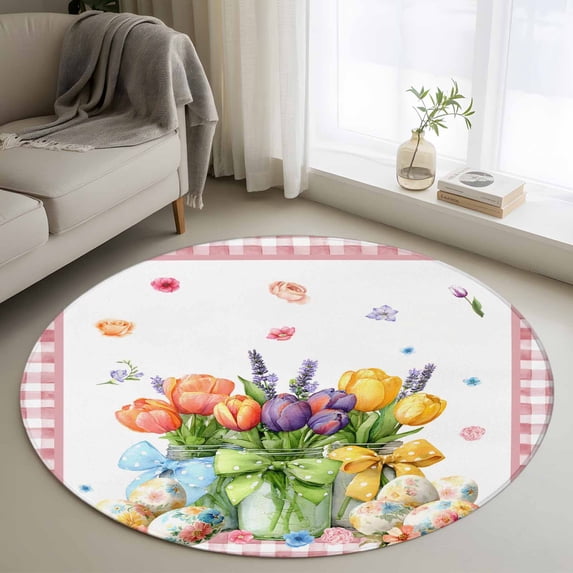 Round Rug 3.3Ft Washable Non-Slip, Spring Easter Circle Area Rugs for Living Room Bedroom, Colorful Tulip Floral Eggs Pink Plaid Indoor Floor Mats Carpet Runner for Home Decor Aesthetic