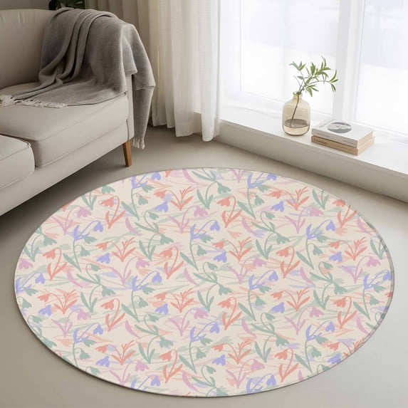 Round Rug 3.3Ft Washable Non-Slip, Spring Flowers Circle Area Rugs for Living Room Bedroom, Abstract Pink Blue Floral Vintage Plants Indoor Floor Mats Carpet Runner for Home Decor Aesthetic