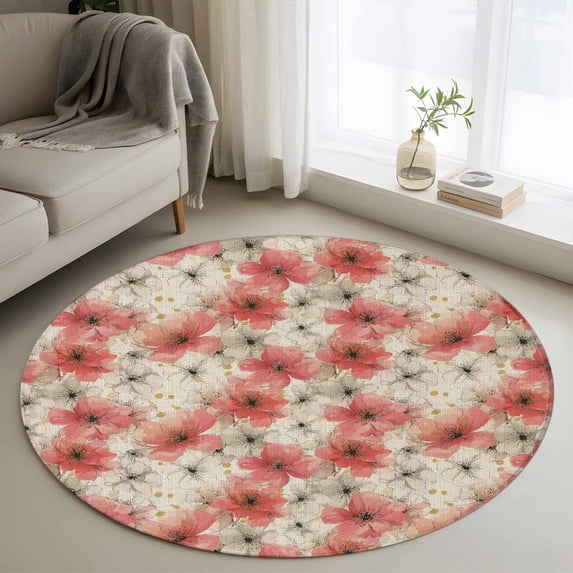 Round Rug 3.3Ft Washable Non-Slip, Spring Flowers Circle Area Rugs for Living Room Bedroom, Chinese Botanical Pink White Blooms Floral Indoor Floor Mats Carpet Runner for Home Decor Aesthetic