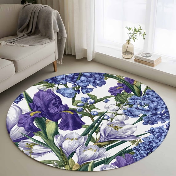 Round Rug 3.3Ft Washable Non-Slip, Spring Flowers Circle Area Rugs for Living Room Bedroom, Purple Hydrangea Orchid Floral Country Indoor Floor Mats Carpet Runner for Home Decor Aesthetic