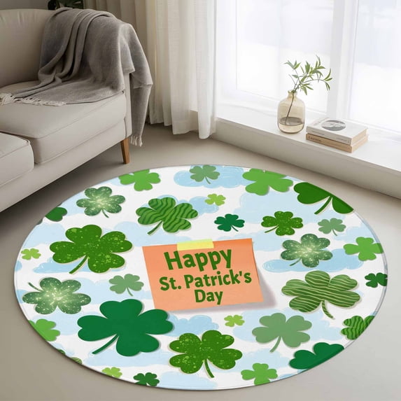 Round Rug 3.3Ft Washable Non-Slip, St. Patrick's Day Circle Area Rugs for Living Room Bedroom, Green Lucky Shamrock Leaves Cloud Blue Indoor Floor Mats Carpet Runner for Home Decor Aesthetic