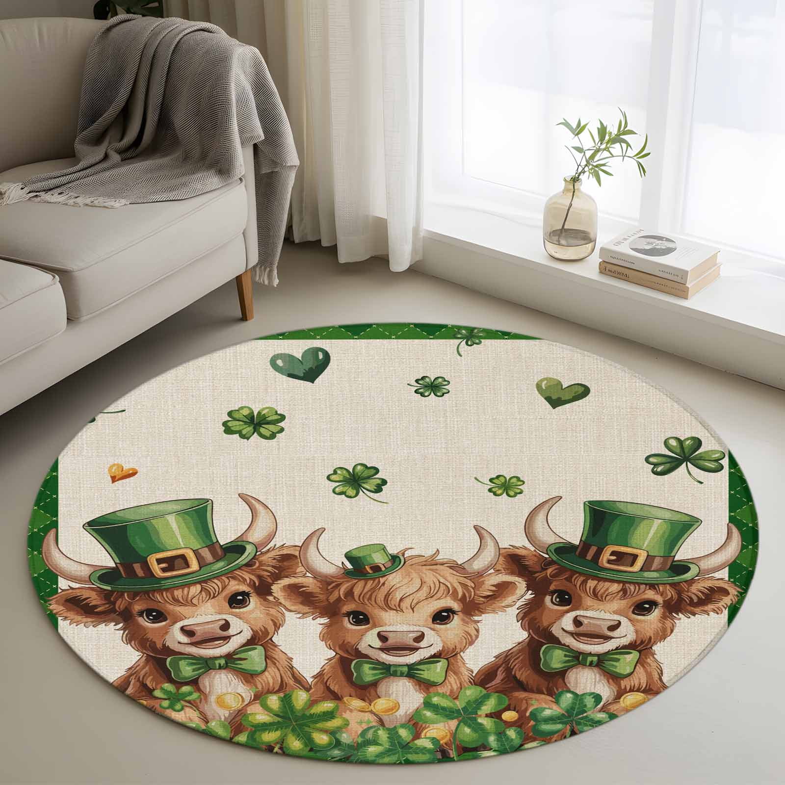 Round Rug 3.3Ft Washable Non-Slip, St. Patrick's Day Circle Area Rugs for Living Room Bedroom, Green Shamrock Highland Cow Glod Coin Beige Indoor Floor Mats Carpet Runner for Home Decor Aesthetic