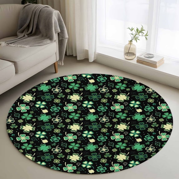 Round Rug 3.3Ft Washable Non-Slip, St. Patrick's Day Circle Area Rugs for Living Room Bedroom, Spring Green Shamrock Leaves Black Indoor Floor Mats Carpet Runner for Home Decor Aesthetic