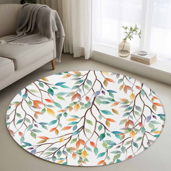 Round Rug 3.3Ft Washable Non-Slip, Teal Orange Eucalyptus Circle Area Rugs for Living Room Bedroom, Weeping Botanical Leaves Indoor Floor Mats Carpet Runner for Home Decor Aesthetic