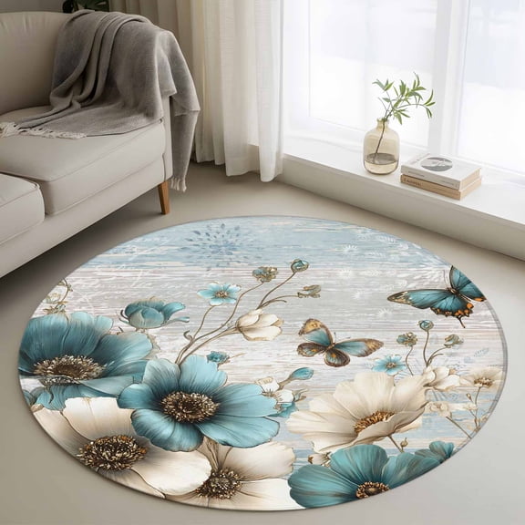 Round Rug 3.3Ft Washable Non-Slip, Teal Tulip Butterfly Circle Area Rugs for Living Room Bedroom, Beige Turquoise Floral Farmhouse Blue Indoor Floor Mats Carpet Runner for Home Decor Aesthetic