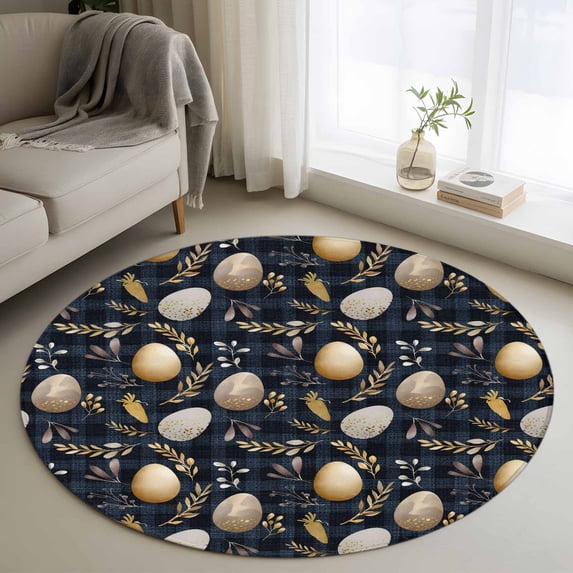 Round Rug 3.3Ft Washable Non-Slip, Vintage Easter Eggs Circle Area Rugs for Living Room Bedroom, Spring Botanical Leaves Black Indoor Floor Mats Carpet Runner for Home Decor Aesthetic