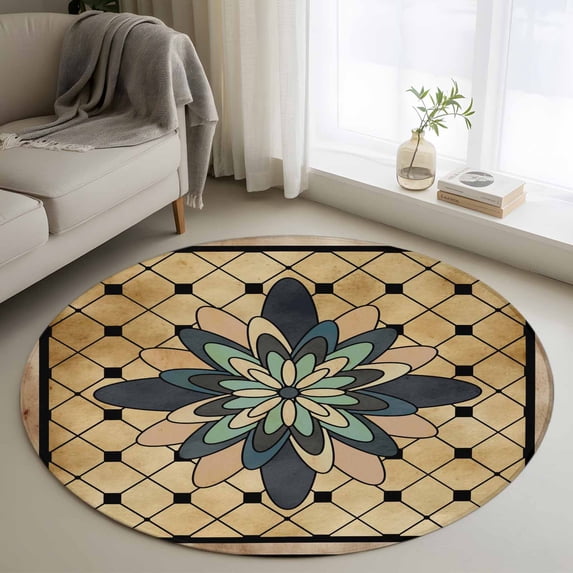 Round Rug 3.3Ft Washable Non-Slip, Vintage Geometric Circle Area Rugs for Living Room Bedroom, Green Brown Abstract Plaid Checkered Indoor Floor Mats Carpet Runner for Home Decor Aesthetic