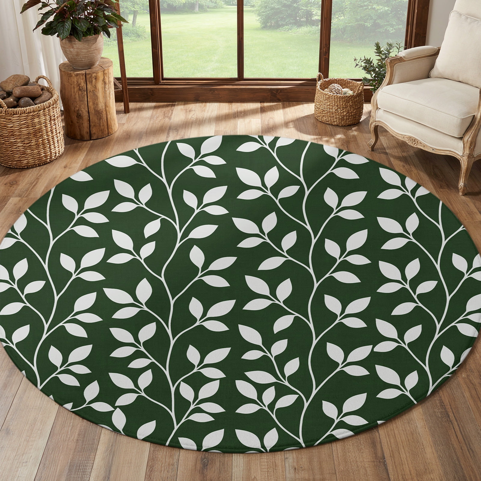 Round Rug 3 Ft, Dark Green Leaves Area Rugs for Entryways, Girls ...