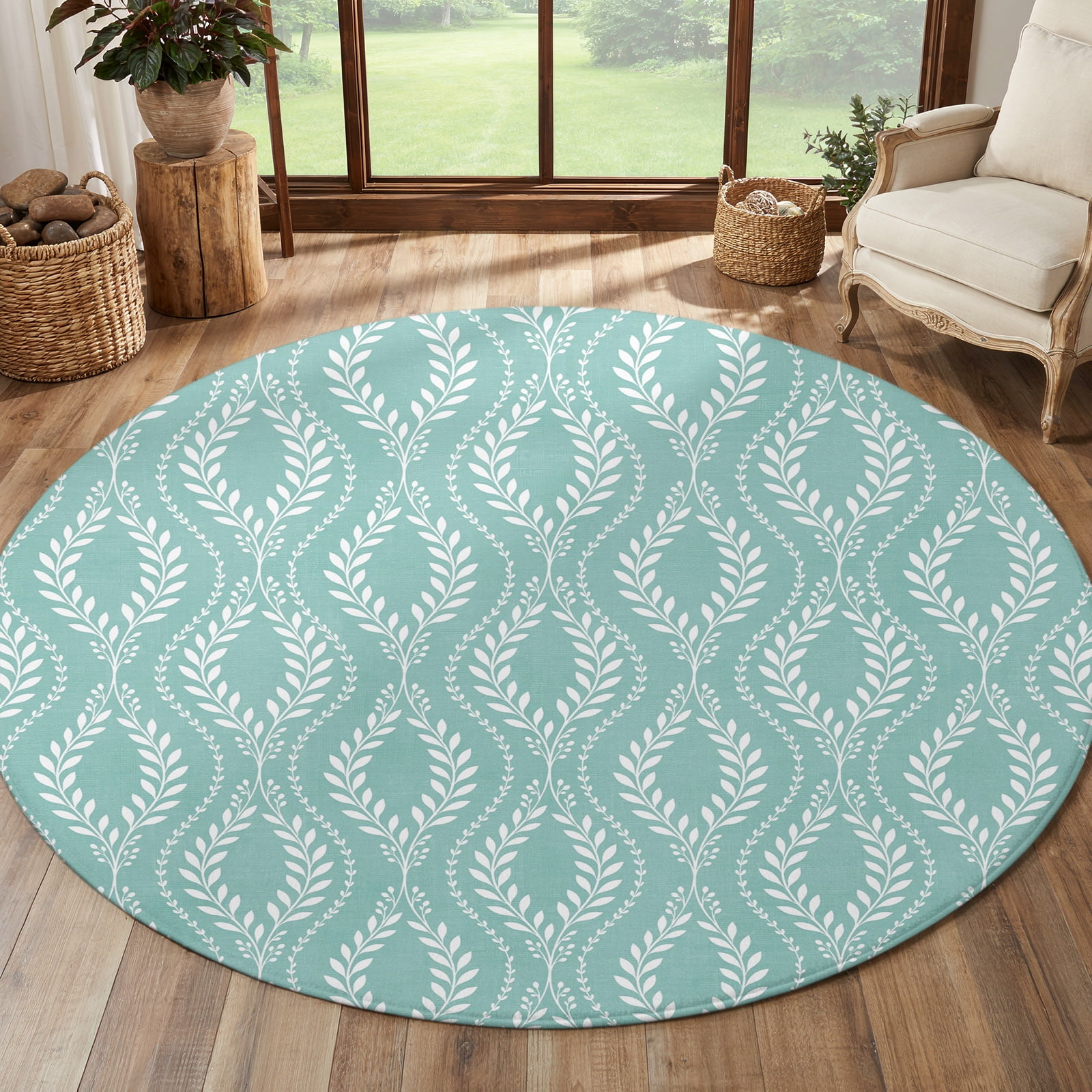 Round Rug 3 Ft, Turquoise Botanical Area Rugs for Entryways, Girls ...