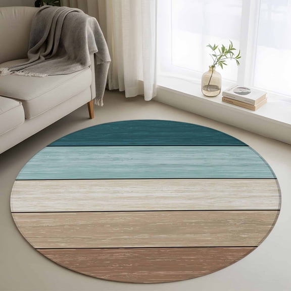 Round Rug 3Ft, Farm Retro Wood Board Gradient Soft Non-Slip Washable Felt Carpet Pad, Farmhouse Barn Brown Teal Plank Area Rugs for Living Room Bedroom Kids Room
