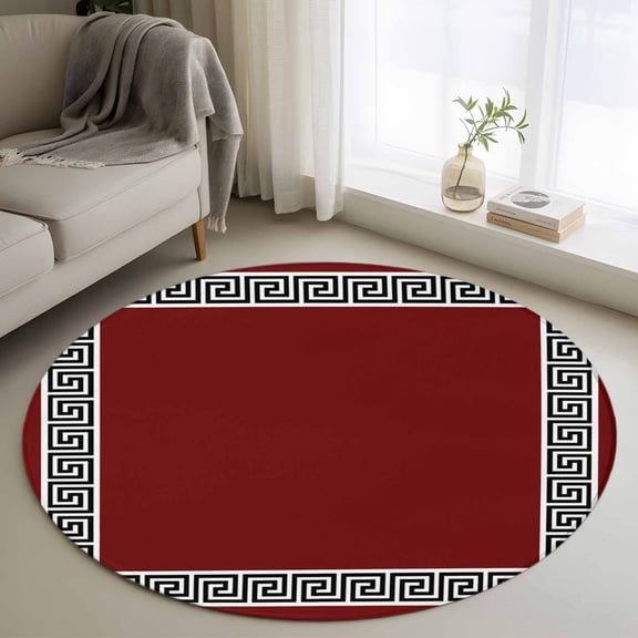 Round Rug 3Ft, Greek Geometric Inspired Twist Line Soft Non-Slip Washable Felt Carpet Pad, Abstract Key Pattern on Red Area Rugs for Living Room Bedroom Kids Room
