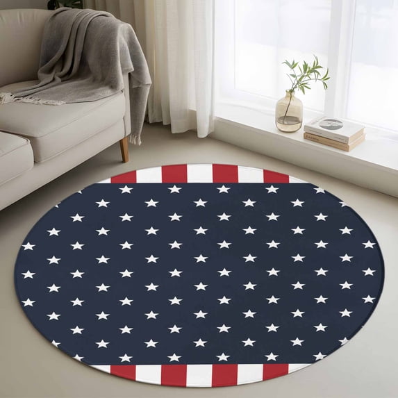 Round Rug 3Ft, Independence Day Patriotic Stars on Blue Soft Non-Slip Washable Felt Carpet Pad, Red White Stripes Border Area Rugs for Living Room Bedroom Kids Room