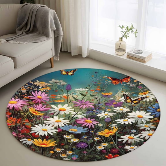 Round Rug 3Ft, Watercolor Flower Baskets Butterflies Bushes Soft Non-Slip Washable Felt Carpet Pad, Floral Leaf Area Rugs for Living Room Bedroom Kids Room