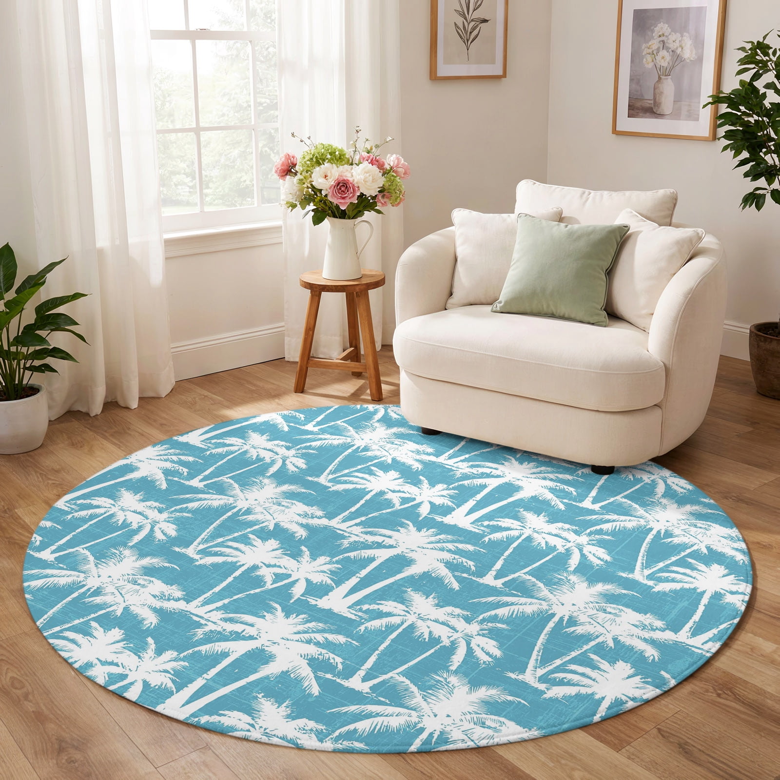 Round Rug 3ft, Aqua Blue Palm Tree Summer Low Pile Washable Rugs for ...