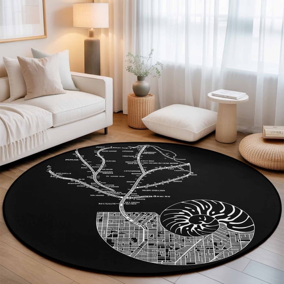 Round Rug 3ft Area Rug, Abstract City Route Area Rugs for Living Room Bedroom, Nautilus Conch on Black Floor Mat Non-Slip Non-Shedding Carpet Indoor Accent Rugs
