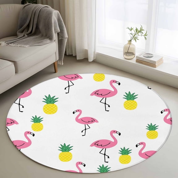 Round Rug 3ft Area Rug, Abstract Flamingo Sketch Pineapples Area Rugs for Living Room Bedroom, Watercolor Animal Fruit Floor Mat Non-Shedding Non-Slip Carpet Indoor Accent Rugs