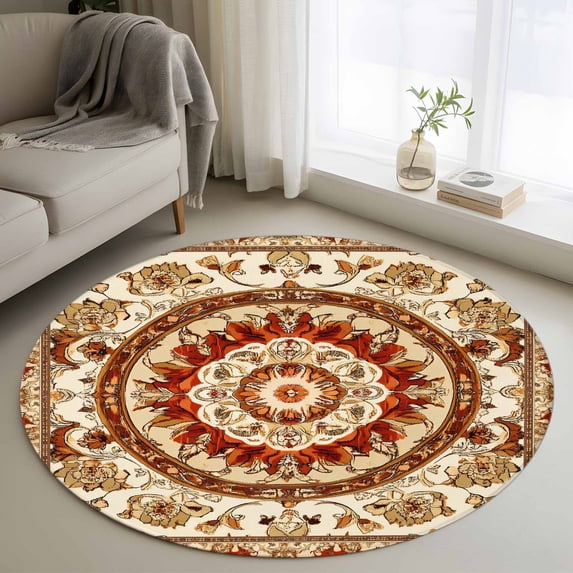 Round Rug 3ft Area Rug,Abstract Flower Bohemian Pattern Area Rugs for Living Room Bedroom,Blossom Floral Retro Geometric Floor Mat Non-Slip Non-Shedding Carpet Indoor Accent Rugs