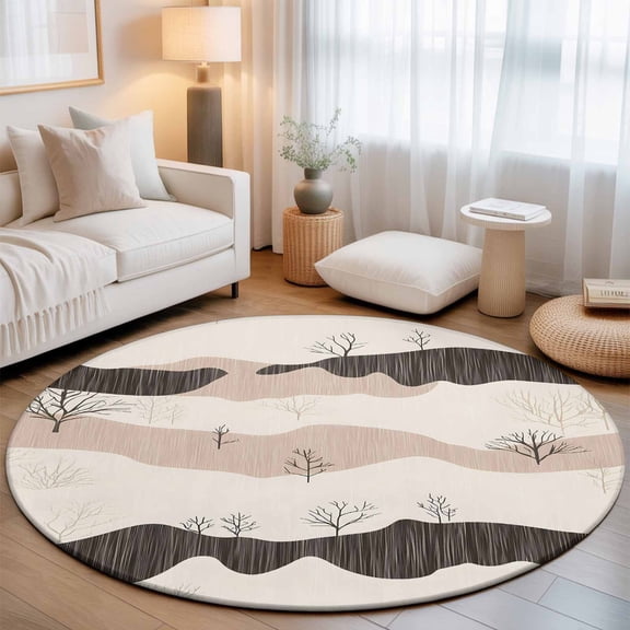 Round Rug 3ft Area Rug, Abstract Forest Mountain Landscape Area Rugs for Living Room Bedroom, Retro Geometric Stripes Floor Mat Non-Slip Non-Shedding Carpet Indoor Accent Rugs