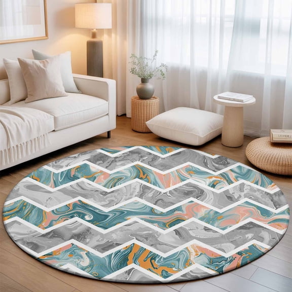 Round Rug 3ft Area Rug, Abstract Geometric Zigzag Chevron Area Rugs for Living Room Bedroom, Modern Marble Texture Floor Mat Non-Slip Non-Shedding Carpet Indoor Accent Rugs