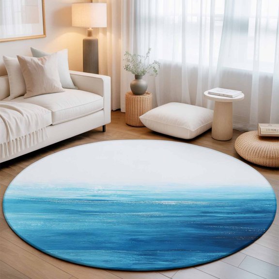Round Rug 3ft Area Rug, Abstract Gradient Blue White Colored Art Area Rugs for Living Room Bedroom, Waves Stripes Floor Mat Non-Slip Non-Shedding Carpet Indoor Accent Rugs