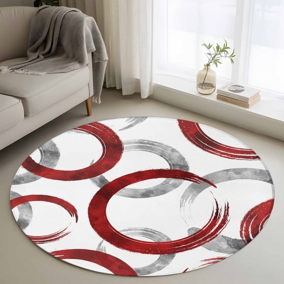 Round Rug 3ft Area Rug,Abstract Red Gray Circle Area Rugs for Living Room Bedroom,Retro Geometric Texture Floor Mat Non-Slip Non-Shedding Carpet Indoor Accent Rugs