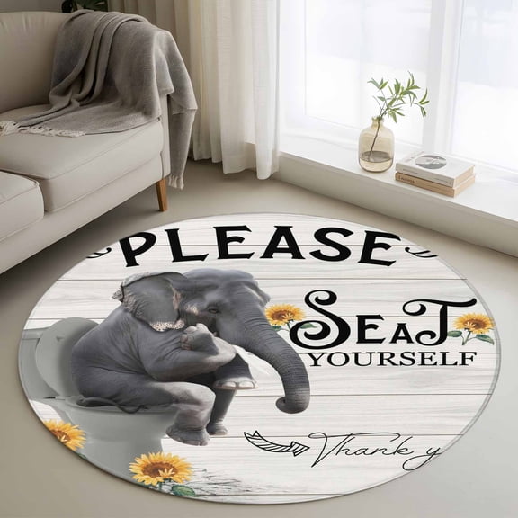 Round Rug 3ft Area Rug,Animal Elephant Sitting on Toilet Area Rugs for Living Room Bedroom,Watercolor Sunflower Vintage Plank Floor Mat Non-Slip Non-Shedding Carpet Indoor Accent Rugs