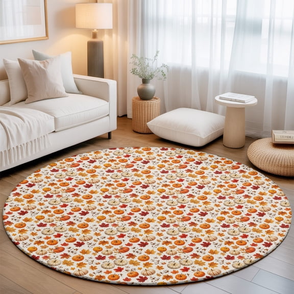 Round Rug 3ft Area Rug, Autumn Botanical Pumpkin Area Rugs for Living Room Bedroom, Fall Maple Leaves Floor Mat Non-Slip Non-Shedding Carpet Indoor Accent Rugs