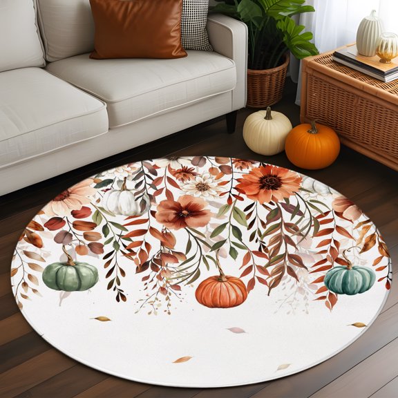 Round Rug 3ft Area Rug, Autumn Flower Leaf Area Rugs for Living Room Bedroom, Thanksgiving Pumpkin Botanical Floor Mat Non-Slip Non-Shedding Carpet Indoor Accent Rugs