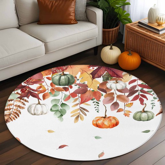 Round Rug 3ft Area Rug, Autumn Maple Leaves Thanksgiving Pumpkins Area Rugs for Living Room Bedroom, Fallen Leaves on White Floor Mat Non-Slip Non-Shedding Carpet Indoor Accent Rugs