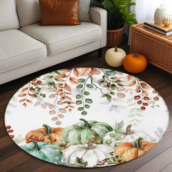 Round Rug 3ft Area Rug, Autumn Pumpkin Botanical Fall Leaves Area Rugs for Living Room Bedroom, Green White Orange Floor Mat Non-Slip Non-Shedding Carpet Indoor Accent Rugs