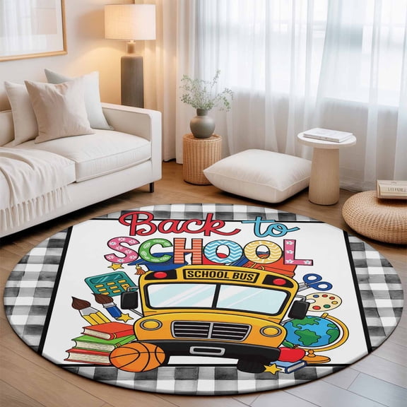 Round Rug 3ft Area Rug, Back to School Bus Book Globe Area Rugs for Living Room Bedroom, Basketball Brush Plaid Floor Mat Non-Slip Non-Shedding Carpet Indoor Accent Rugs