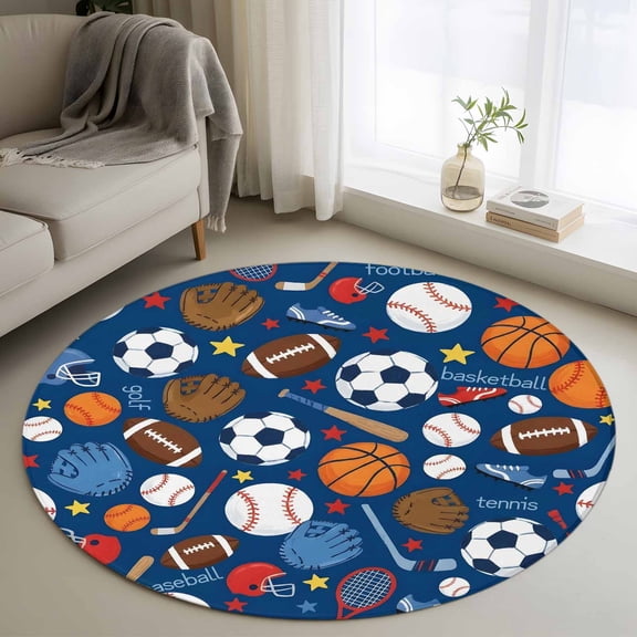 Round Rug 3ft Area Rug, Basketball Baseball Football Area Rugs for Living Room Bedroom, Energetic Sports Theme on Blue Floor Mat Non-Shedding Non-Slip Carpet Indoor Accent Rugs