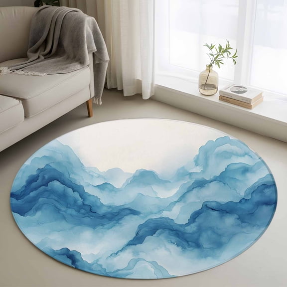 Round Rug 3ft Area Rug,Blue Gradient Mountain Area Rugs for Living Room Bedroom,Abstract Art Floor Mat Non-Slip Non-Shedding Carpet Indoor Accent Rugs