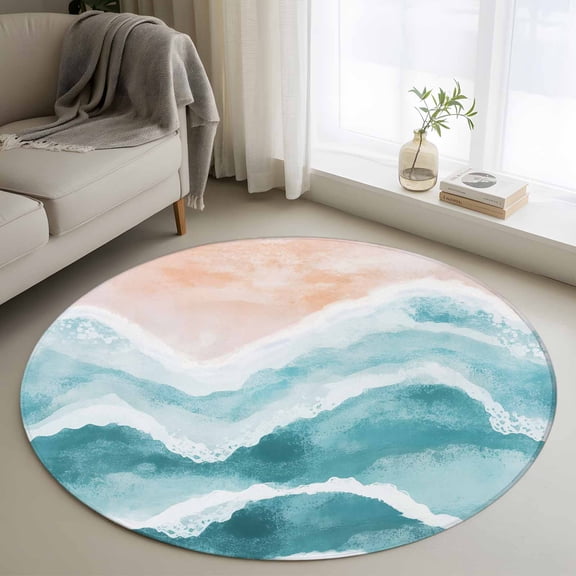 Round Rug 3ft Area Rug,Blue Gradient Water Ripples Beach Area Rugs for Living Room Bedroom,Abstract Ocean Waves Floor Mat Non-Slip Non-Shedding Carpet Indoor Accent Rugs