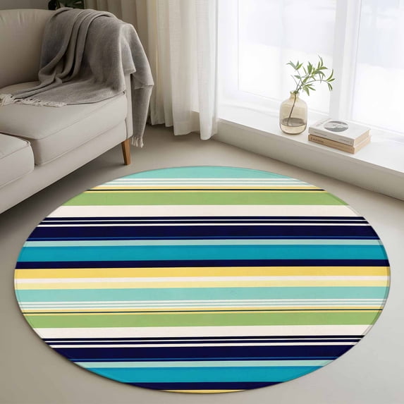 Round Rug 3ft Area Rug,Blue Yellow Green Stripes Area Rugs for Living Room Bedroom,Watercolor Lines Floor Mat Non-Slip Non-Shedding Carpet Indoor Accent Rugs