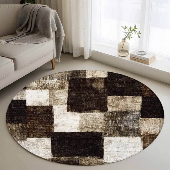Round Rug 3ft Area Rug, Brown White Gradient Farm Area Rugs for Living Room Bedroom, Abstract Color Block Floor Mat Non-Shedding Non-Slip Carpet Indoor Accent Rugs