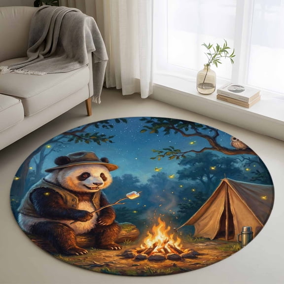Round Rug 3ft Area Rug, Camping Bonfire Panda Area Rugs for Living Room Bedroom, Nighttime Firefly Owl Floor Mat Non-Shedding Non-Slip Carpet Indoor Accent Rugs