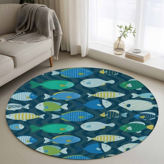 Round Rug 3ft Area Rug,Cartoon Funny Blue Stripes Little Fish Area Rugs for Living Room Bedroom,Ocean Waves Floor Mat Non-Slip Non-Shedding Carpet Indoor Accent Rugs