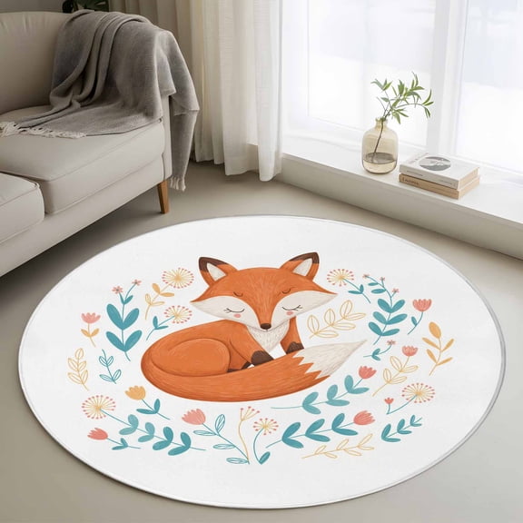 Round Rug 3ft Area Rug,Cartoons Animals Foxes Area Rugs for Living Room Bedroom,Farm Flowers Plants Floor Mat Non-Slip Non-Shedding Carpet Indoor Accent Rugs